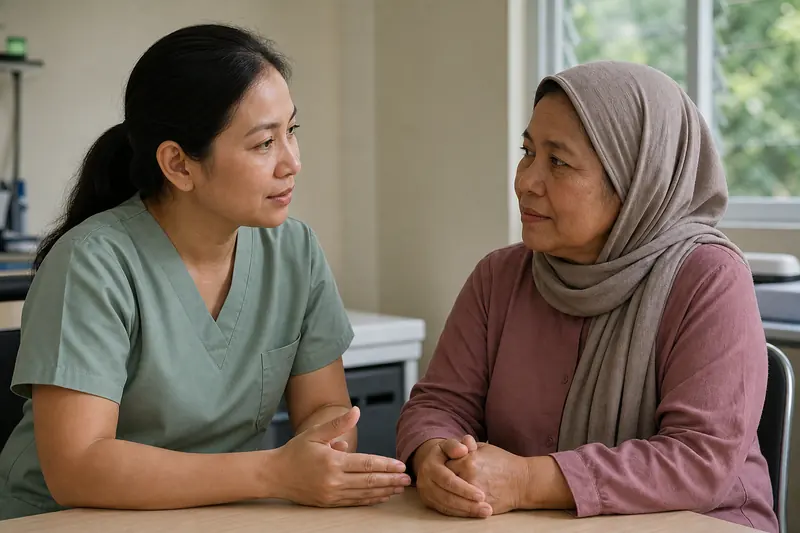 Illustration of a woman talking with a community nurse about breast health