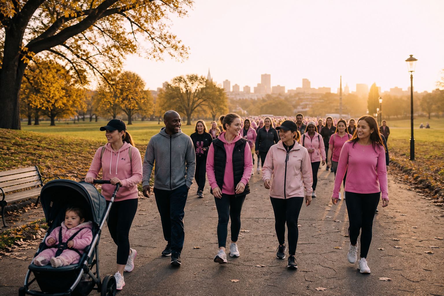 People walking together at sunrise during Breast Cancer Awareness Month