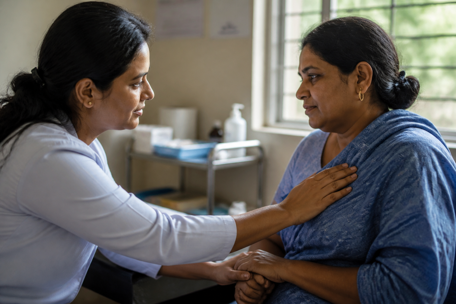 Community health worker supporting a woman during a breast health consultation