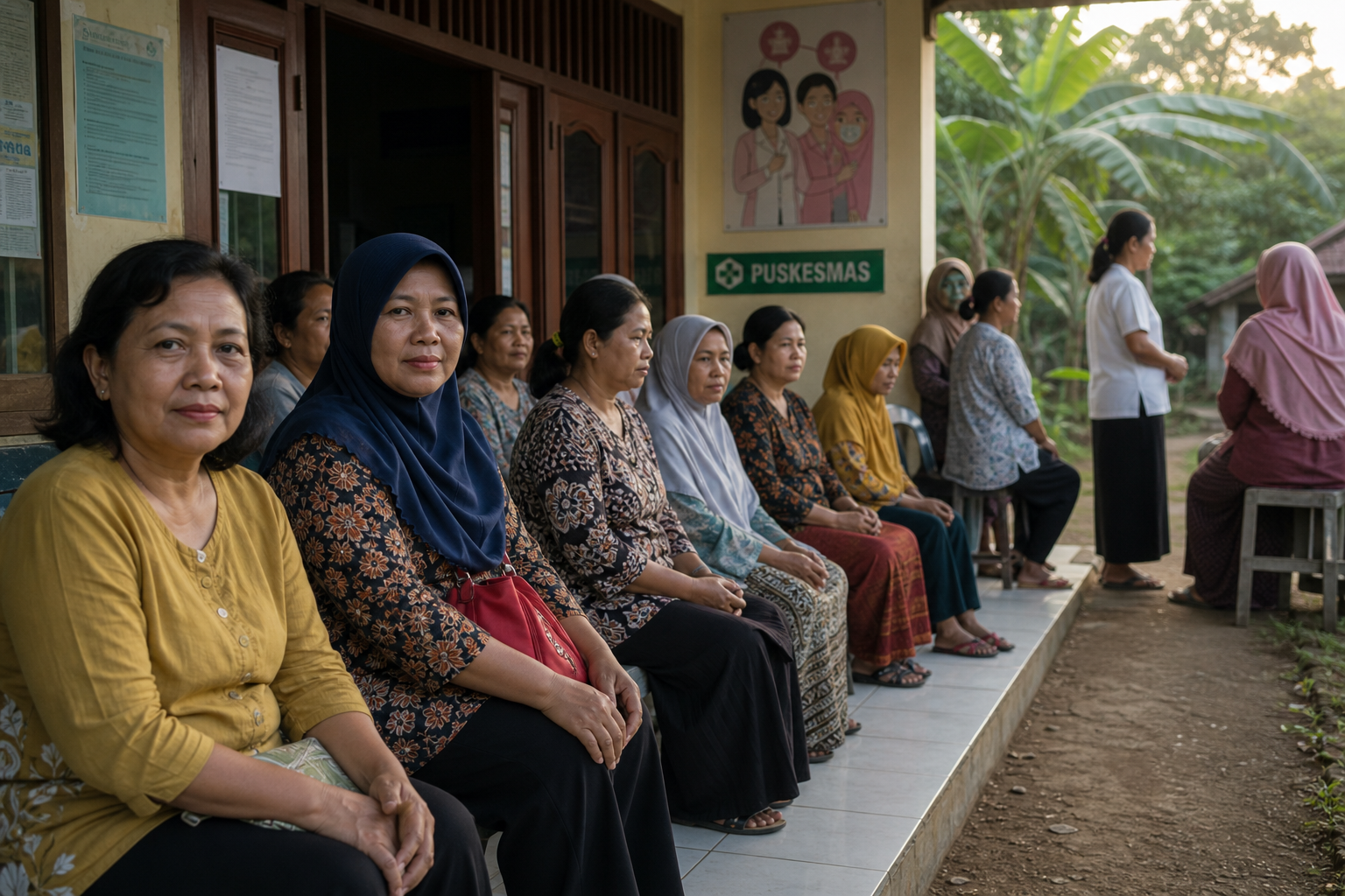 Indonesian women waiting outside a rural community clinic for breast cancer screening