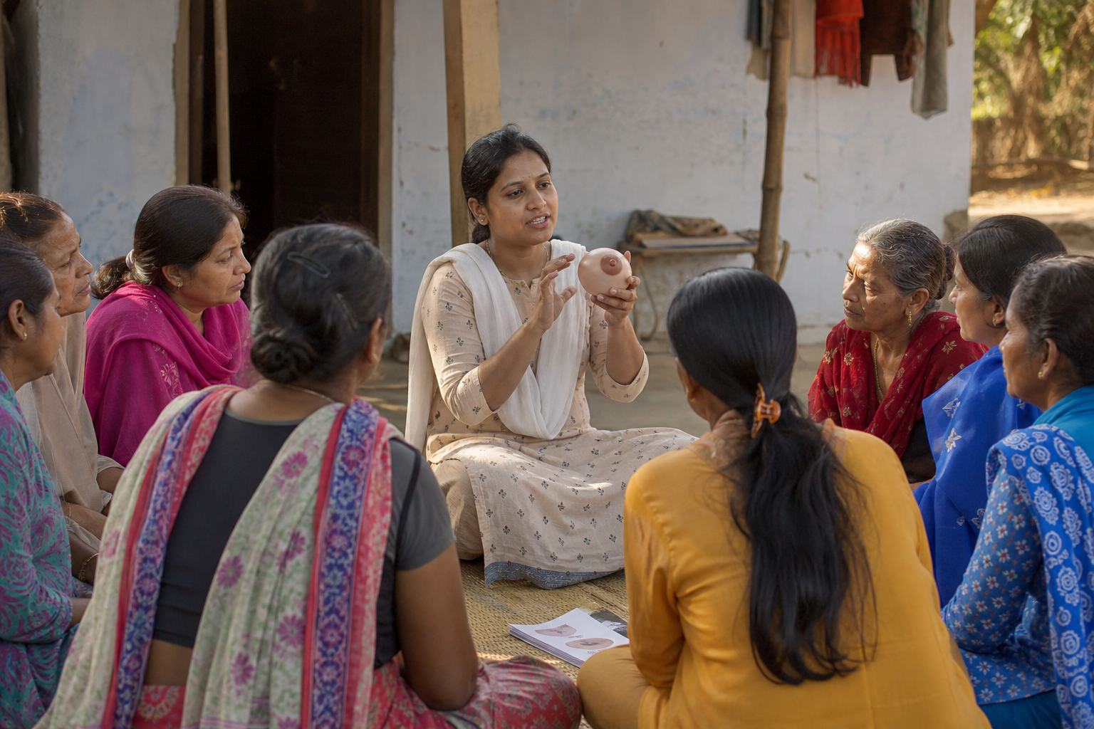 Community health educator teaching breast awareness to women in a village courtyard
