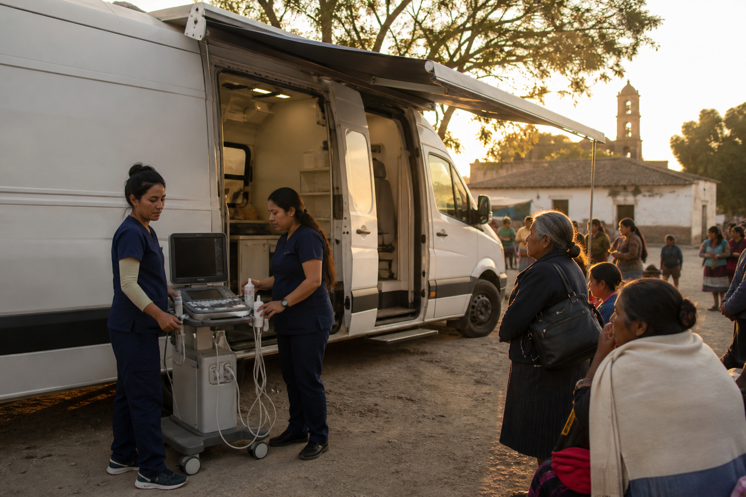 Mobile breast screening unit set up in a village square