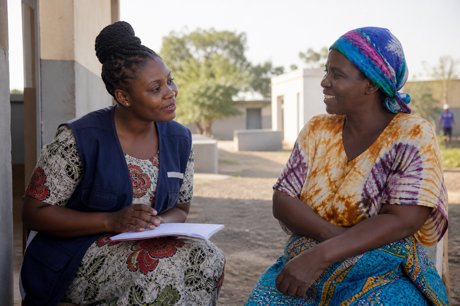 Patient and community health worker outside a district hospital after treatment support