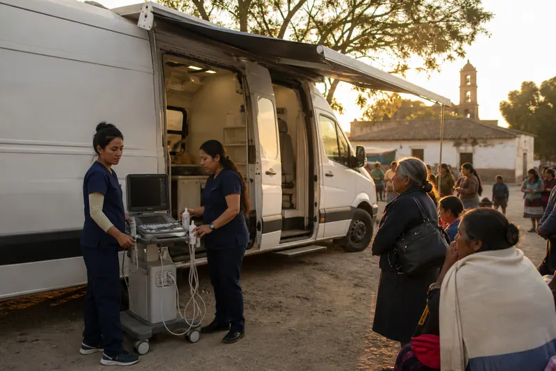 Illustration of health workers running a mobile breast screening clinic for women in a rural town